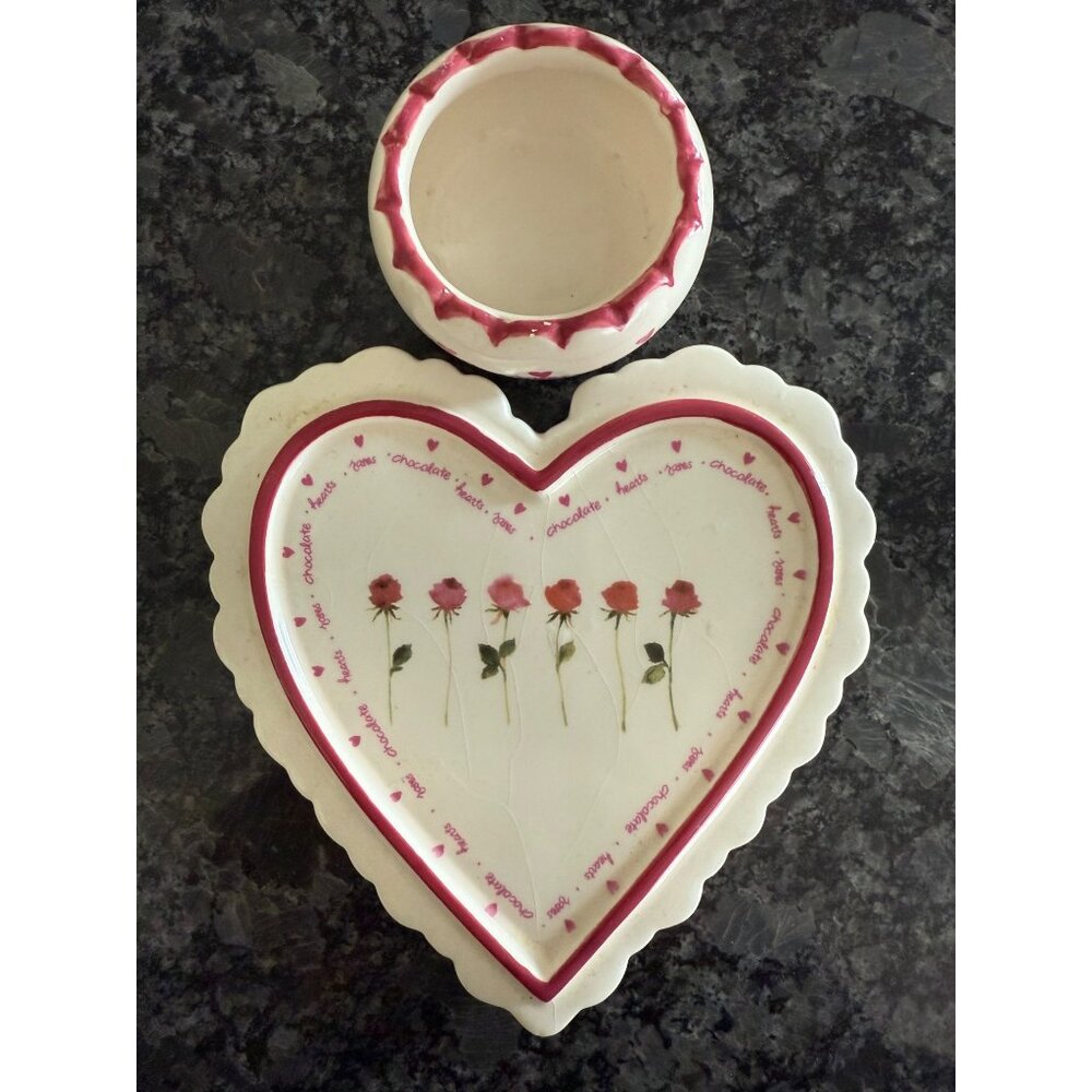 Heart-Shaped Ceramic Plate and Candleholder Pink Rose Design & Roses